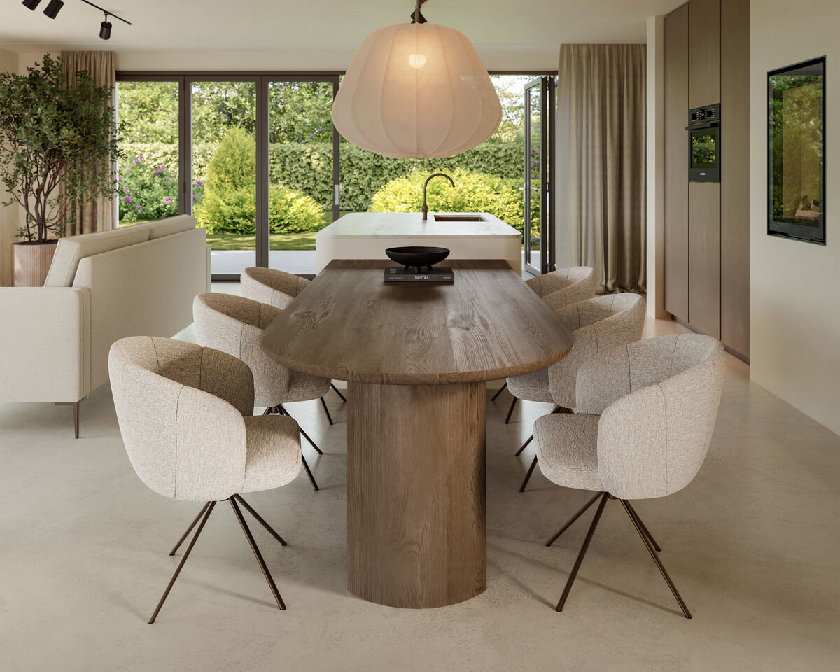 Zijaanzicht van een Boogvormige eettafel van Table du Sud in kleur Autumn