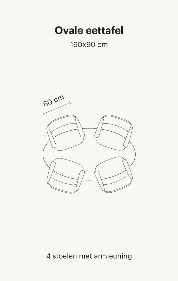 Ovale eettafel voor 4 personen van 160 cm
