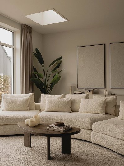 Japandi stijl in de woonkamer met Japandi bank en salontafel