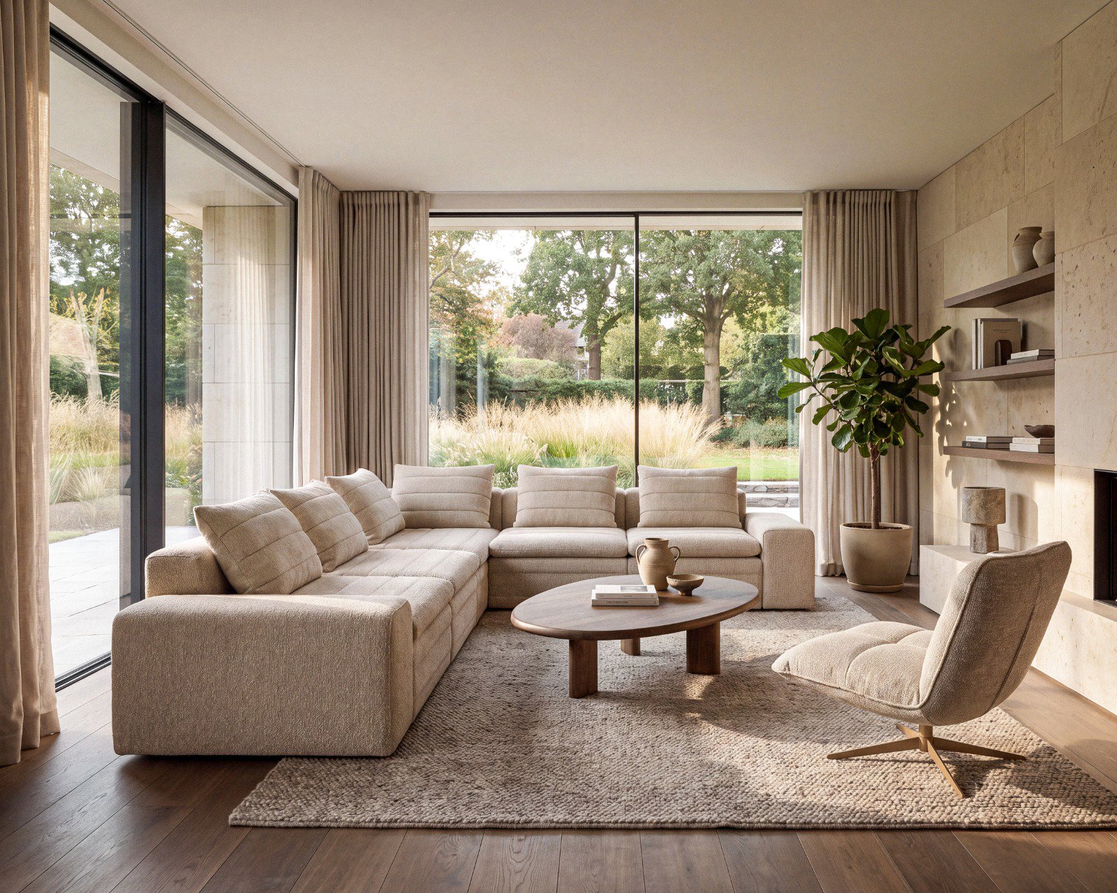 Beige hoekbank Firenze met rechte lijnen en losse rugkussens op een witte achtergrond