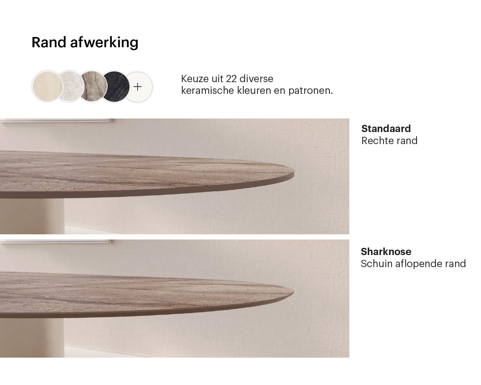 Infografie van onze Ronde keramische eettafel Qone oak met uitleg over de verschillende materialen en patronen van het keramiek.