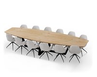 Op deze afbeelding is een vergadertafel te zien met een half ovale vorm. Het onderstel bestaat uit een metalen w-poot met daaraan 12 vergaderstoelen.