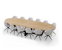 Deze afbeelding is een vergadertafel te zien met een halve cirkel vorm. Het onderstel bestaat uit een metalen w-poot met daaraan 12 vergaderstoelen.